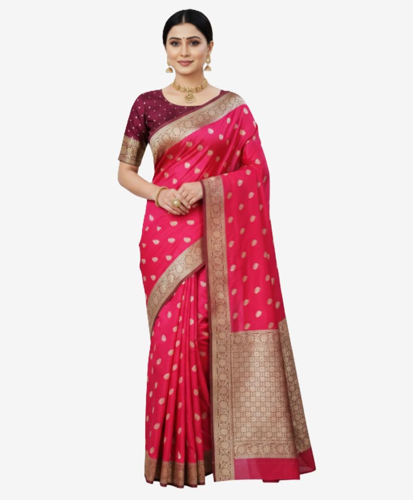 myFashion Banarasi Katan silk saree with Contrast Border, Sona roopa zari leaf pattern