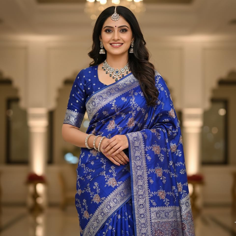 Royal Blue Banarasi Gajji Silk Saree with Meenakari Jaal Weaving | Wedding & Festive Wear | myFashion