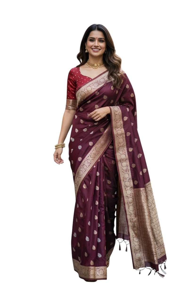 myFashion Banarasi Katan silk saree with Contrast Border, Sona roopa zari leaf pattern