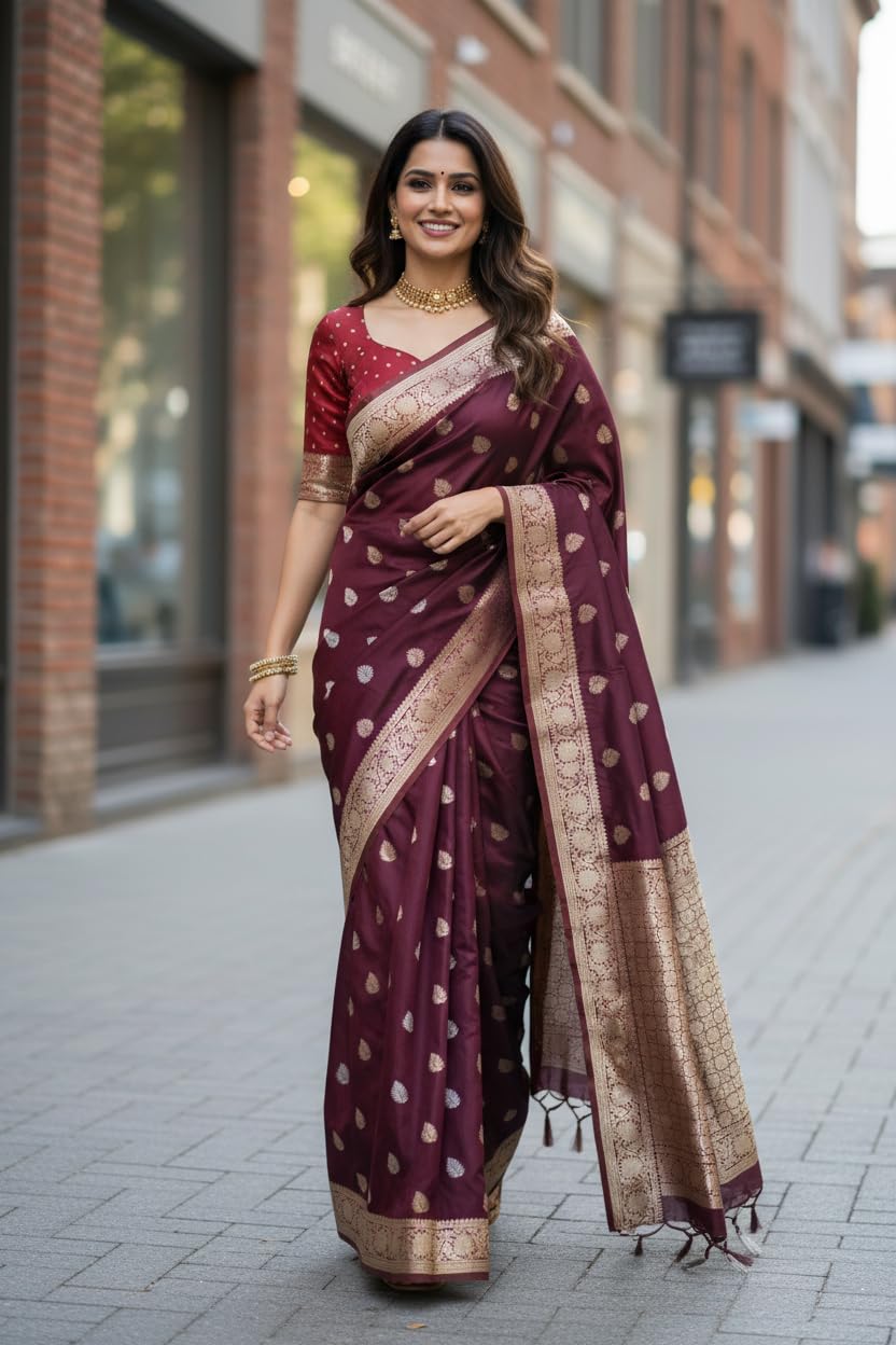myFashion Banarasi Katan silk saree with Contrast Border, Sona roopa zari leaf pattern