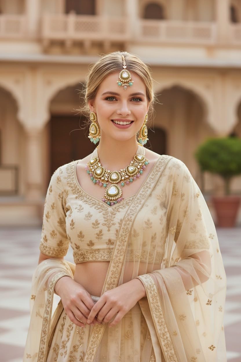 myFashion Kundan Choker Necklace Set with Pearl Strands & Pastel Pink Green Beads | Bridal Jewellery Set with Earrings & Maang Tikka