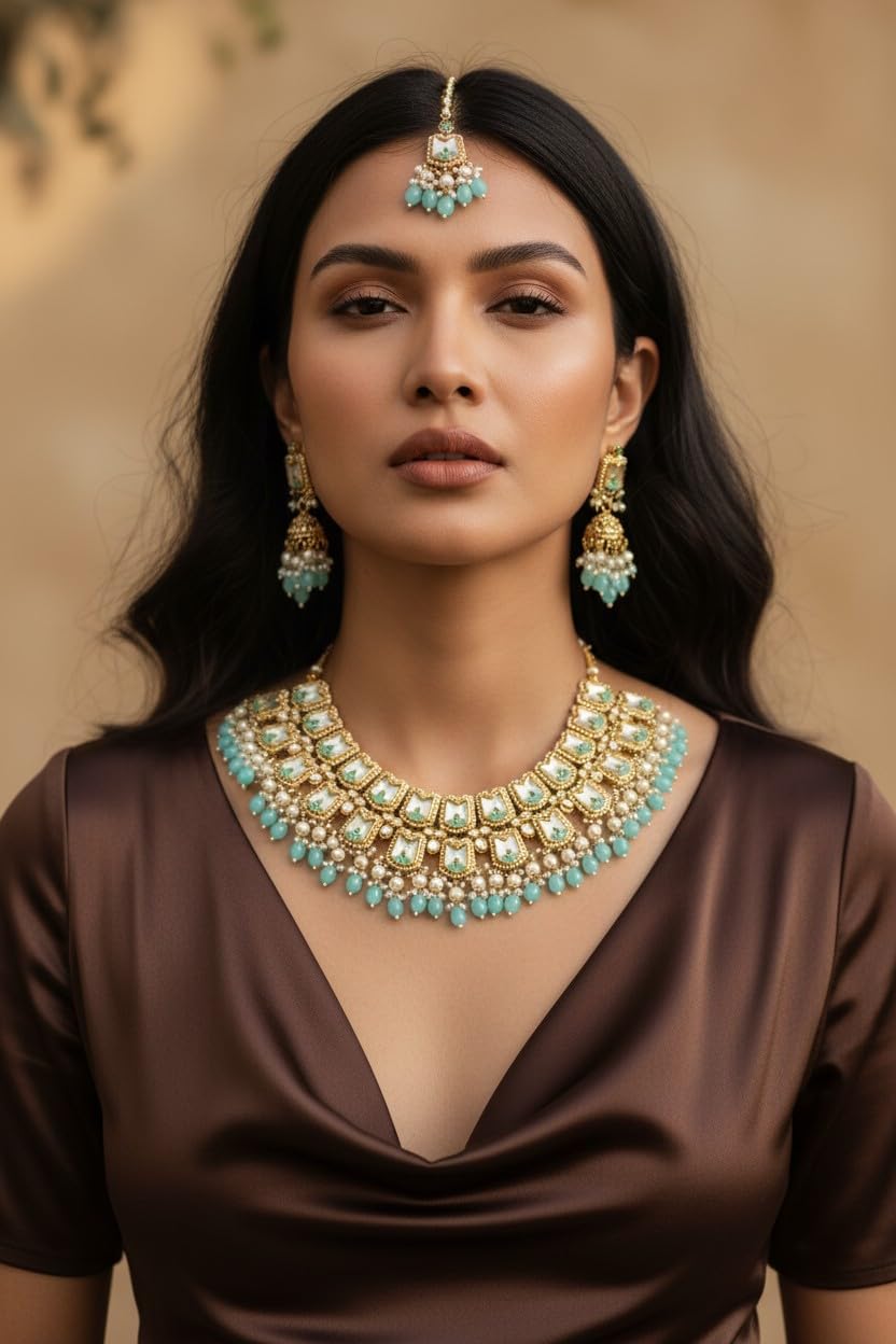 myFashion Bridal Choker Set with Turquoise Beads, Pearls, Gold Tone, Traditional Indian Jewelry with Earrings and Maang Tikka