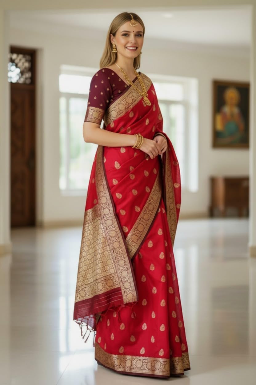 myFashion Banarasi Katan silk saree with Contrast Border, Sona roopa zari leaf pattern