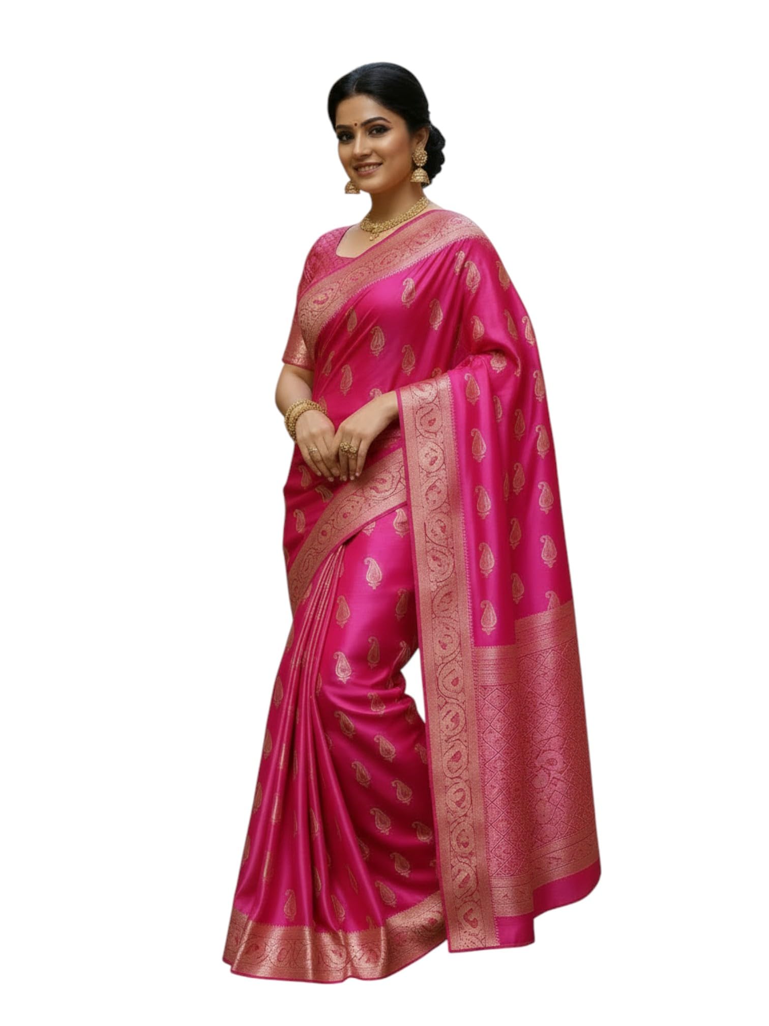 myFashion Banarasi Mashru silk saree with silver zari paisley motif, Pink with Brocade Blouse