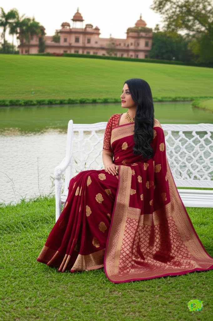 myFashion Banarasi Khadi Chiffon Saree with Woven Border and floral buttas