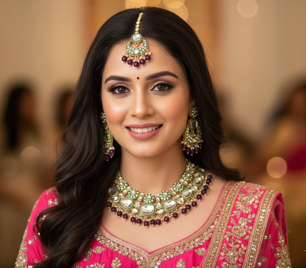 Bridal Kundan Choker Necklace Set with Jhumka Earrings & Maang Tikka – Traditional Indian Wedding Jewellery (Purple/White / Green / Mint & Pink)