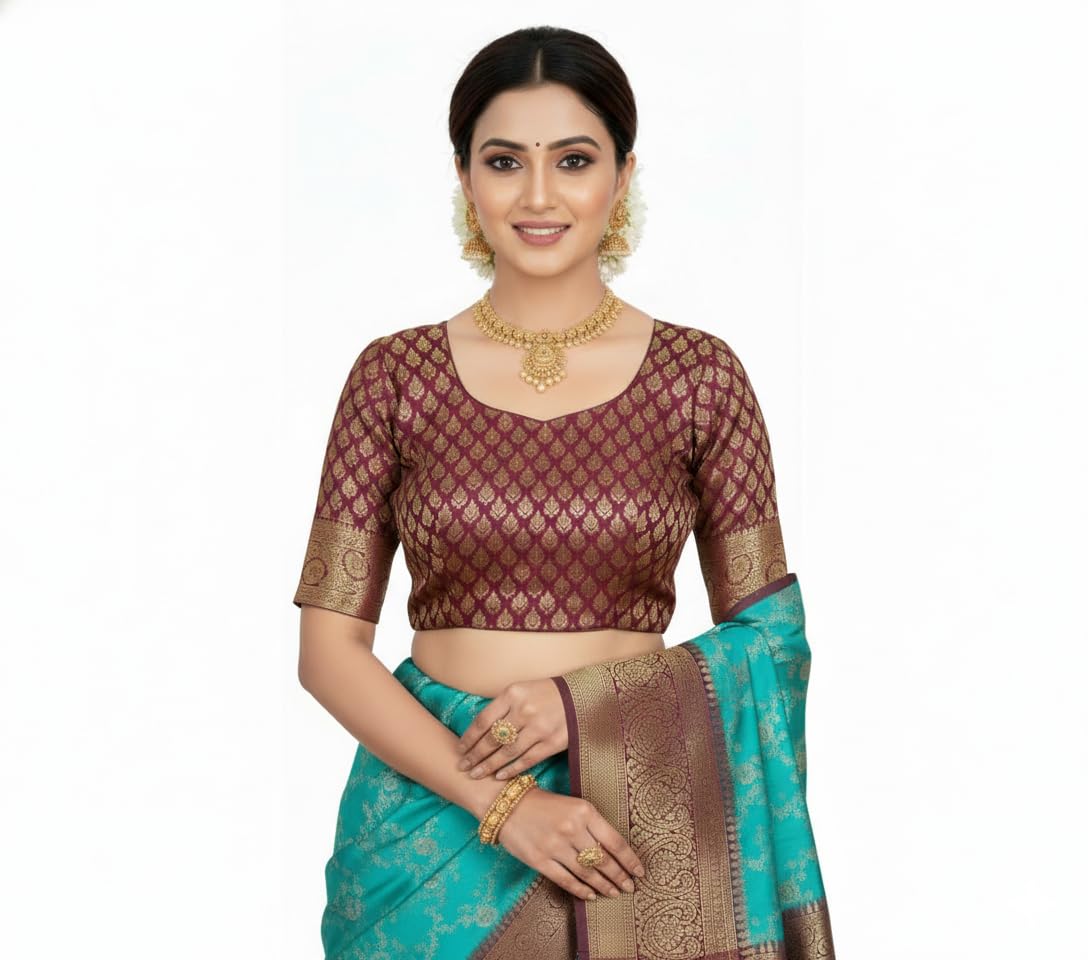 myFashion Banarasi Mashru Silk Saree with Contrast Border and Pallu, Turquoise with Brown, Brocade Blouse Piece