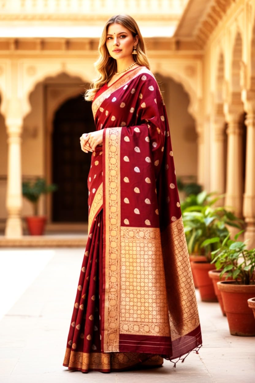 myFashion Banarasi Katan silk saree with Contrast Border, Sona roopa zari leaf pattern