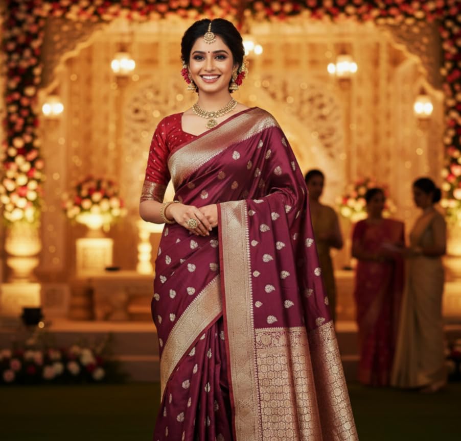 myFashion Banarasi Katan silk saree with Contrast Border, Sona roopa zari leaf pattern