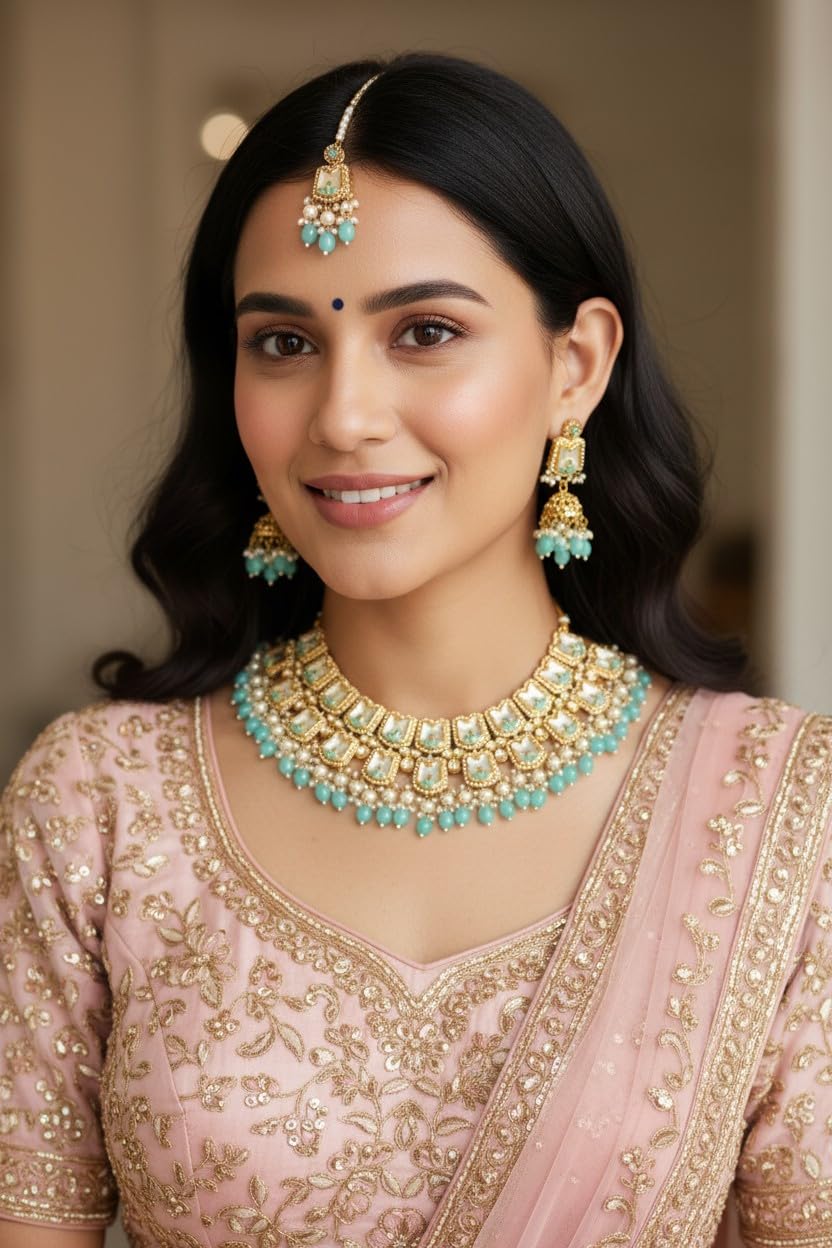 myFashion Bridal Choker Set with Turquoise Beads, Pearls, Gold Tone, Traditional Indian Jewelry with Earrings and Maang Tikka