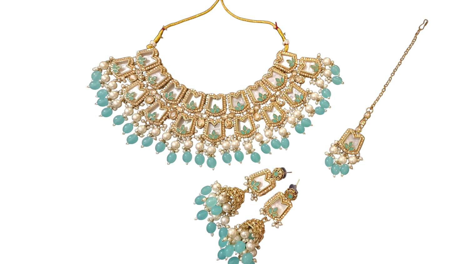 myFashion Bridal Choker Set with Turquoise Beads, Pearls, Gold Tone, Traditional Indian Jewelry with Earrings and Maang Tikka