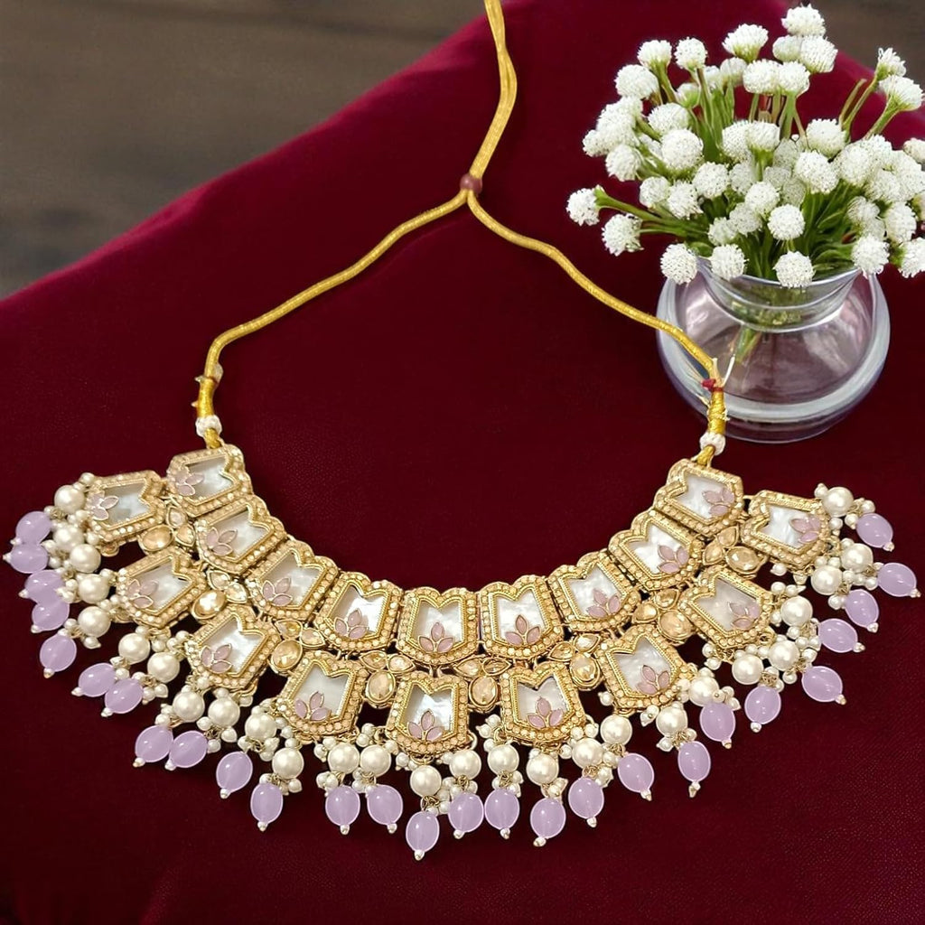 myFashion Bridal Choker Set with Turquoise Beads, Pearls, Gold Tone, Traditional Indian Jewelry with Earrings and Maang Tikka