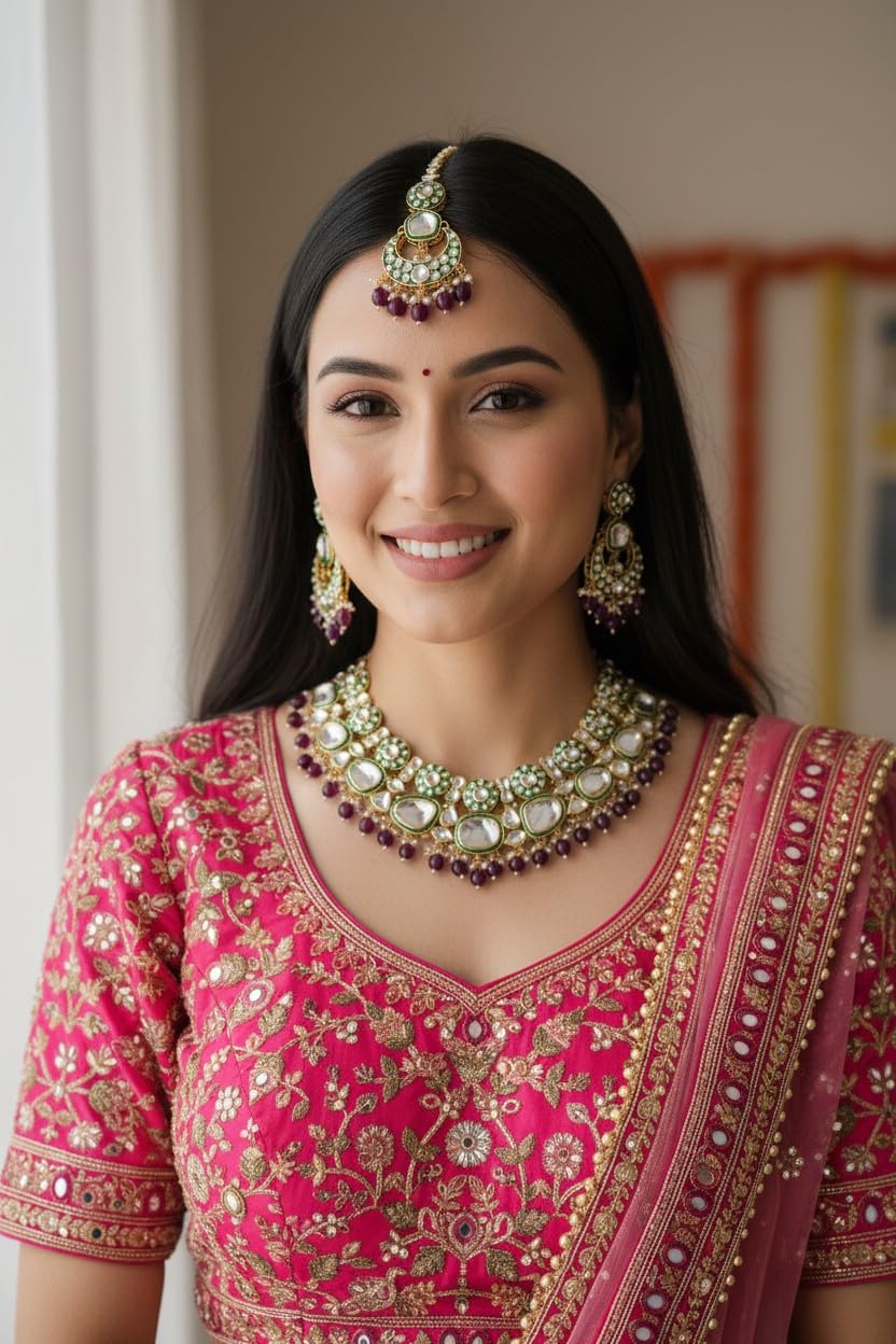 Bridal Kundan Choker Necklace Set with Jhumka Earrings & Maang Tikka – Traditional Indian Wedding Jewellery (Purple/White / Green / Mint & Pink)