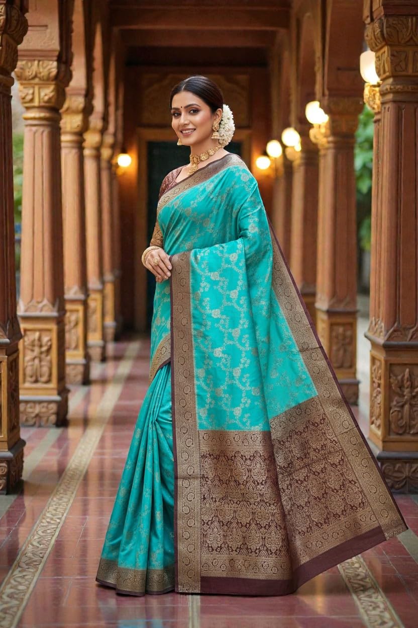 myFashion Banarasi Mashru Silk Saree with Contrast Border and Pallu, Turquoise with Brown, Brocade Blouse Piece