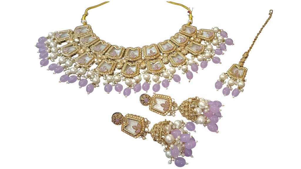 myFashion Bridal Choker Set with Turquoise Beads, Pearls, Gold Tone, Traditional Indian Jewelry with Earrings and Maang Tikka