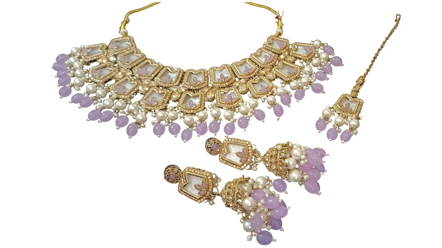 myFashion Bridal Choker Set with Turquoise Beads, Pearls, Gold Tone, Traditional Indian Jewelry with Earrings and Maang Tikka