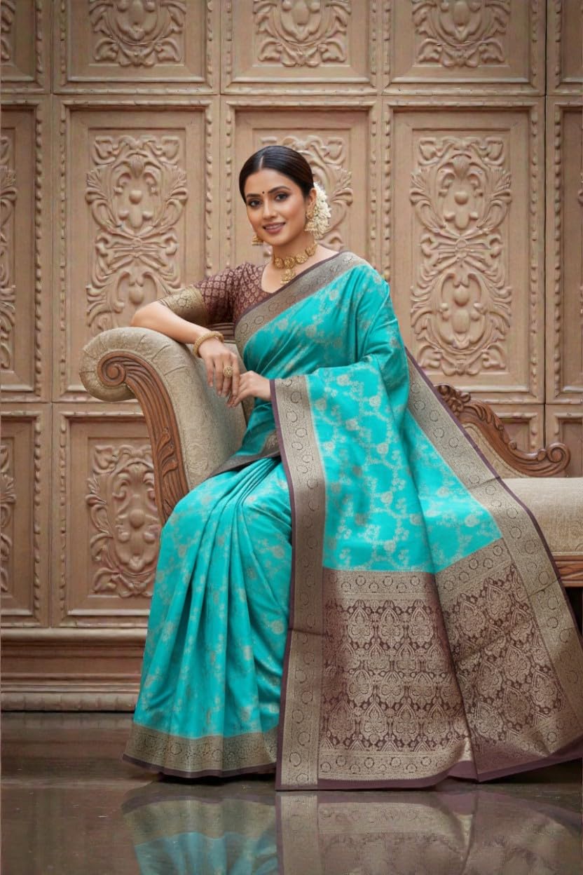 myFashion Banarasi Mashru Silk Saree with Contrast Border and Pallu, Turquoise with Brown, Brocade Blouse Piece