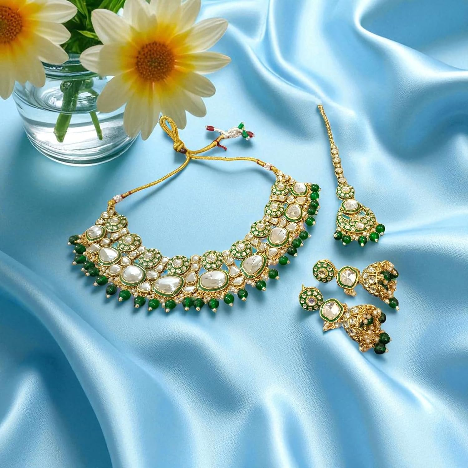 Bridal Kundan Choker Necklace Set with Jhumka Earrings & Maang Tikka – Traditional Indian Wedding Jewellery (Purple/White / Green / Mint & Pink)