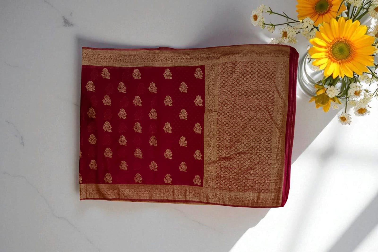 myFashion Banarasi Khadi Chiffon Saree with Woven Border and floral buttas