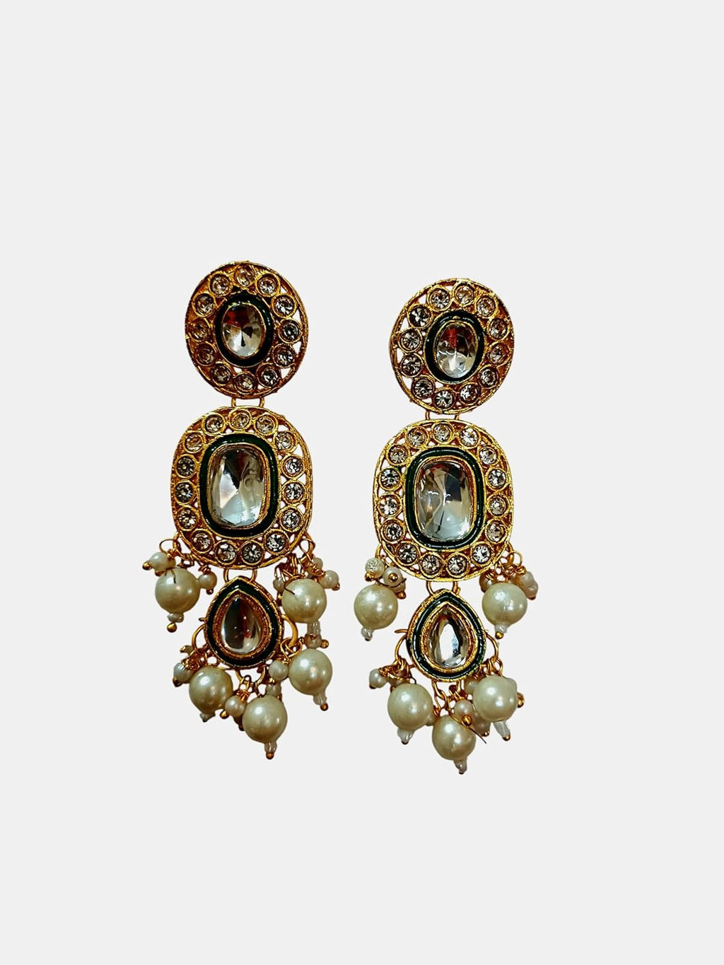 myFashion Kundan Necklace Set with White Pearls, Green and Gold Traditional Indian Jewelry with Earrings and Maang Tikka