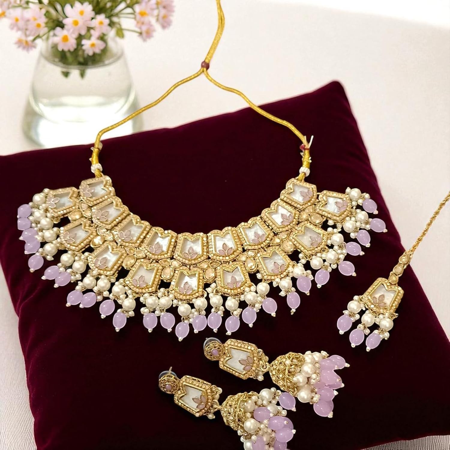 myFashion Bridal Choker Set with Turquoise Beads, Pearls, Gold Tone, Traditional Indian Jewelry with Earrings and Maang Tikka