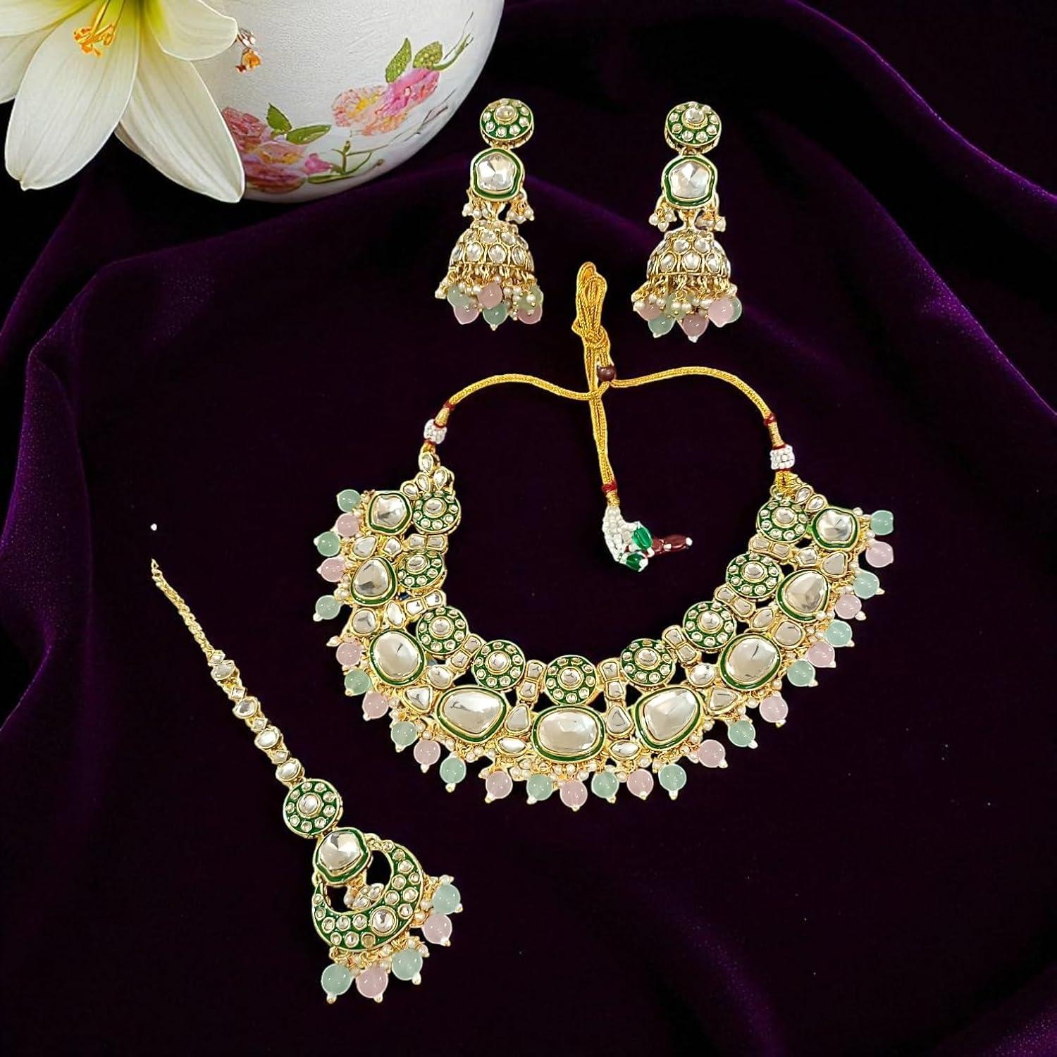 Bridal Kundan Choker Necklace Set with Jhumka Earrings & Maang Tikka – Traditional Indian Wedding Jewellery (Purple/White / Green / Mint & Pink)