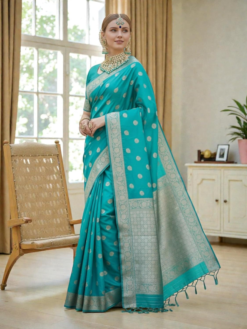 myFashion Banarasi Katan silk Saree sea green colour with Sona Roopa Zari Leaf Motif