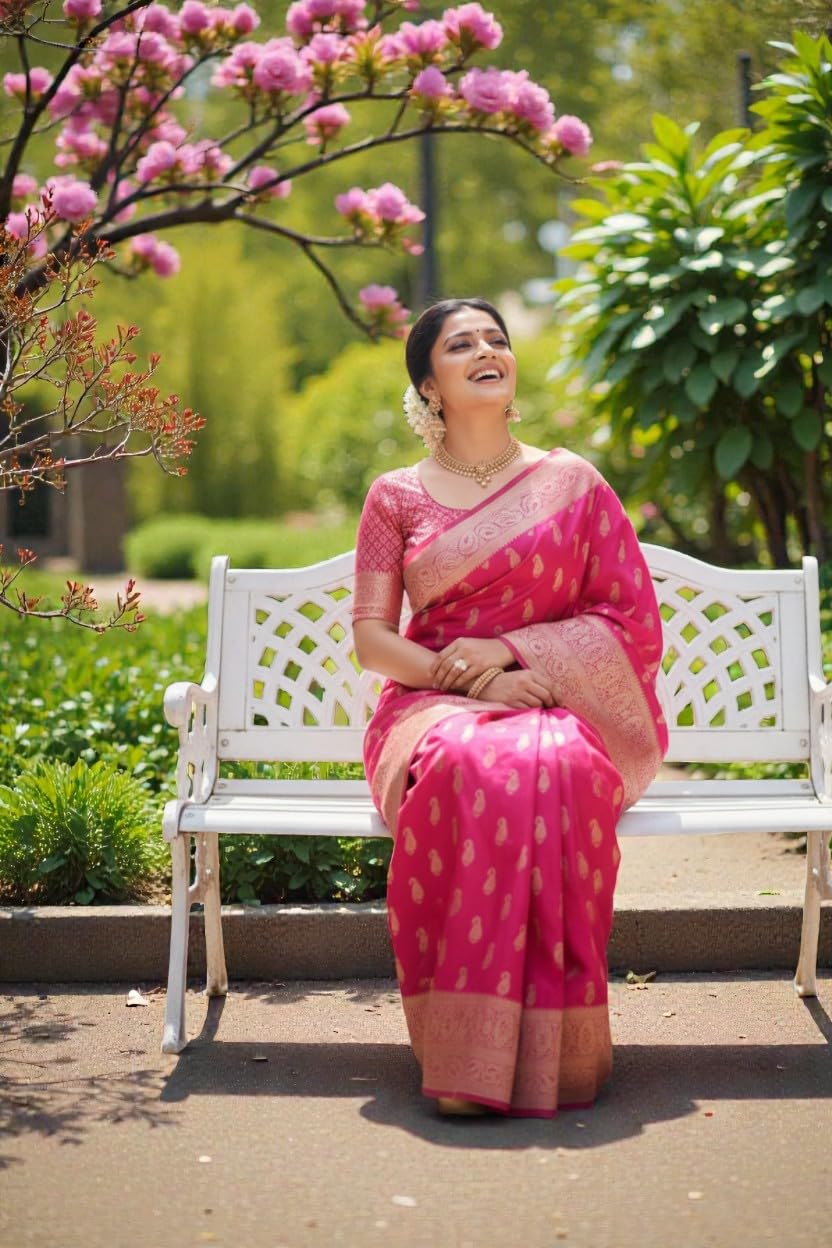 myFashion Banarasi Mashru silk saree with silver zari paisley motif, Pink with Brocade Blouse