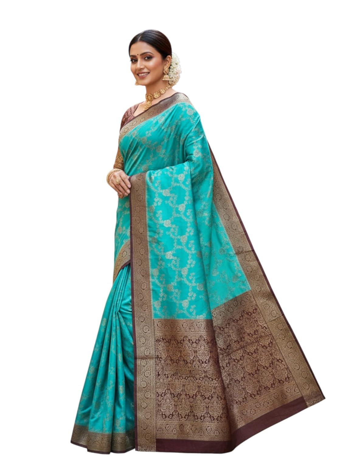 myFashion Banarasi Mashru Silk Saree with Contrast Border and Pallu, Turquoise with Brown, Brocade Blouse Piece