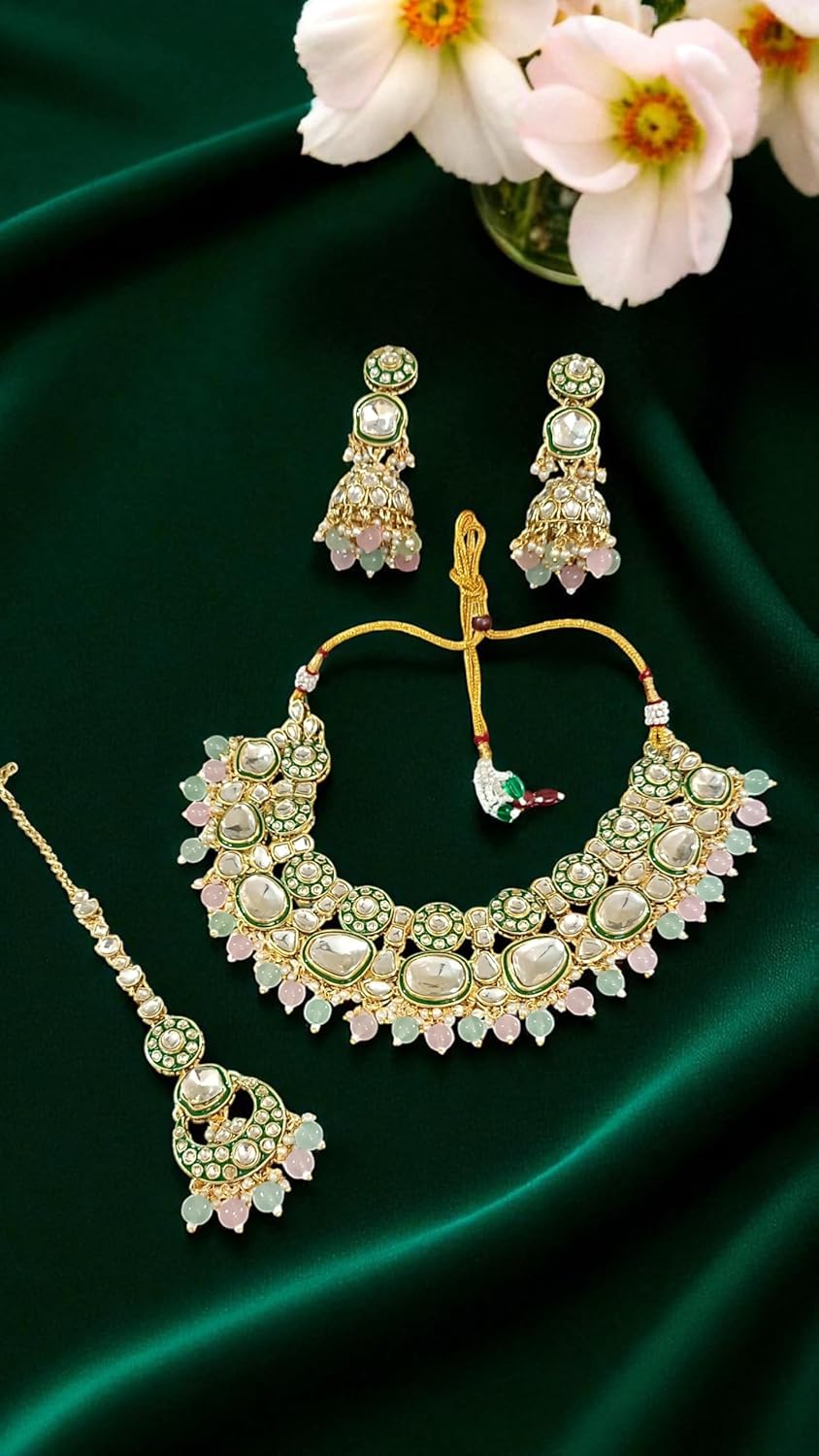 Bridal Kundan Choker Necklace Set with Jhumka Earrings & Maang Tikka – Traditional Indian Wedding Jewellery (Purple/White / Green / Mint & Pink)