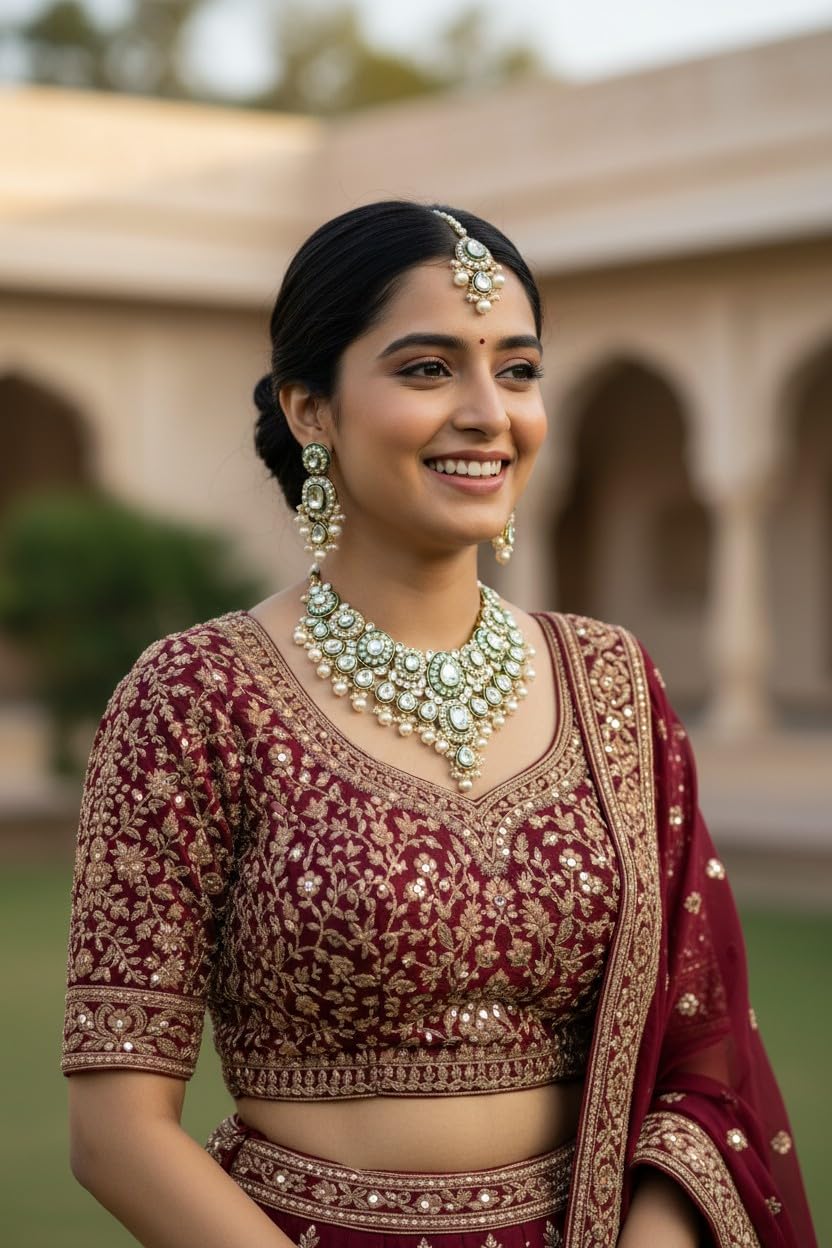 myFashion Kundan Necklace Set with White Pearls, Green and Gold Traditional Indian Jewelry with Earrings and Maang Tikka