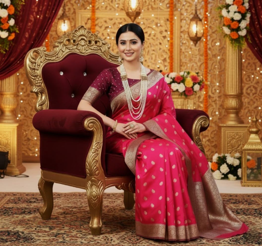 myFashion Banarasi Katan silk saree with Contrast Border, Sona roopa zari leaf pattern