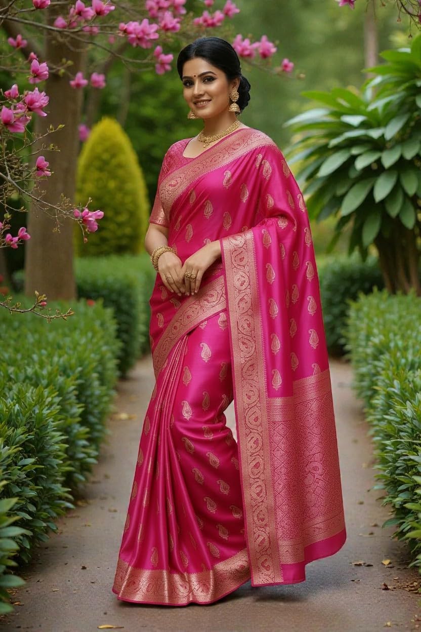 myFashion Banarasi Mashru silk saree with silver zari paisley motif, Pink with Brocade Blouse