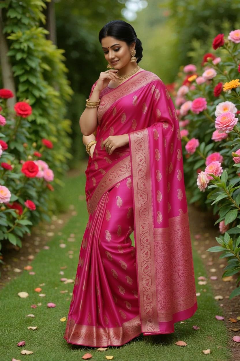 myFashion Banarasi Mashru silk saree with silver zari paisley motif, Pink with Brocade Blouse
