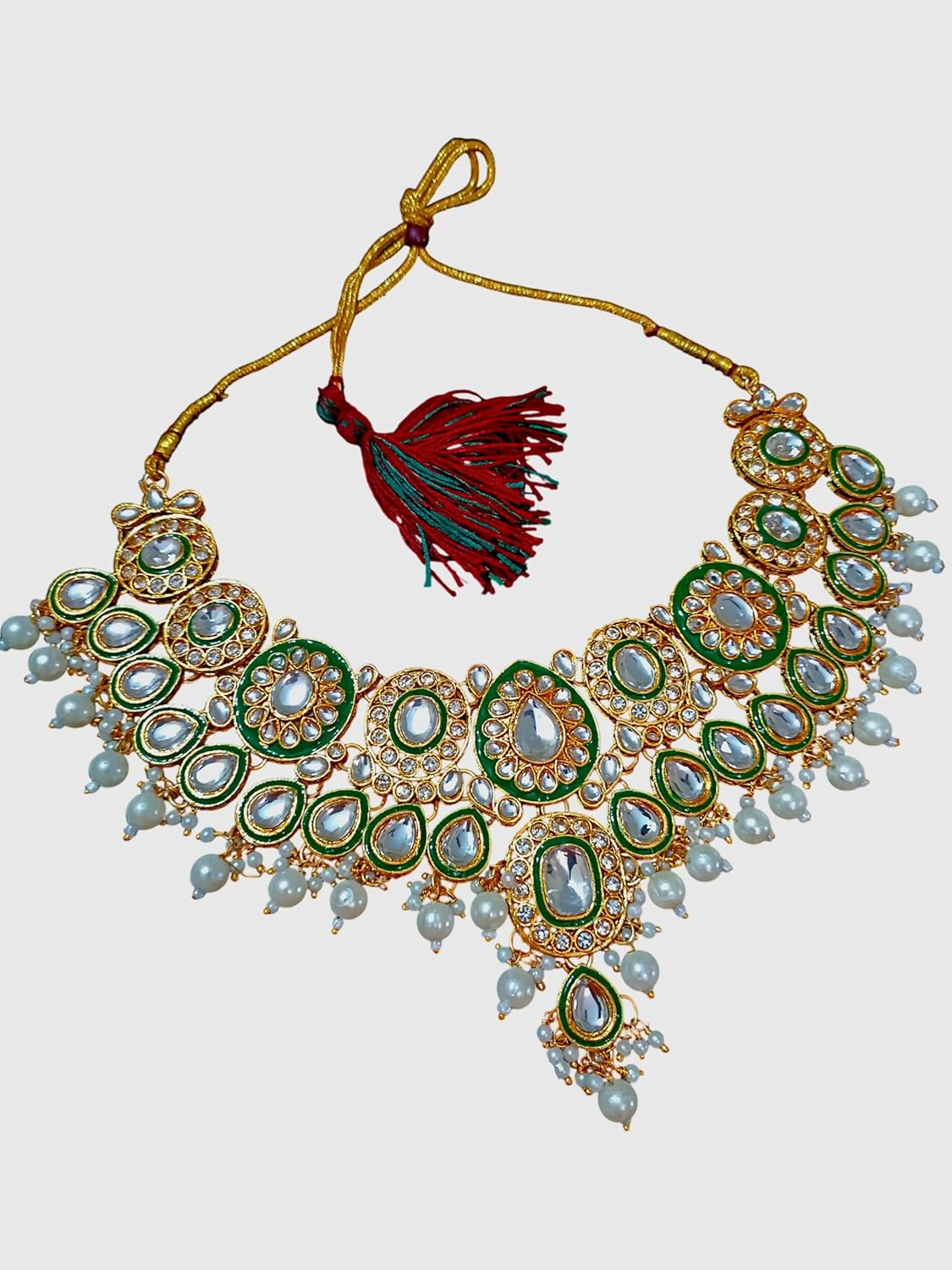 myFashion Kundan Necklace Set with White Pearls, Green and Gold Traditional Indian Jewelry with Earrings and Maang Tikka