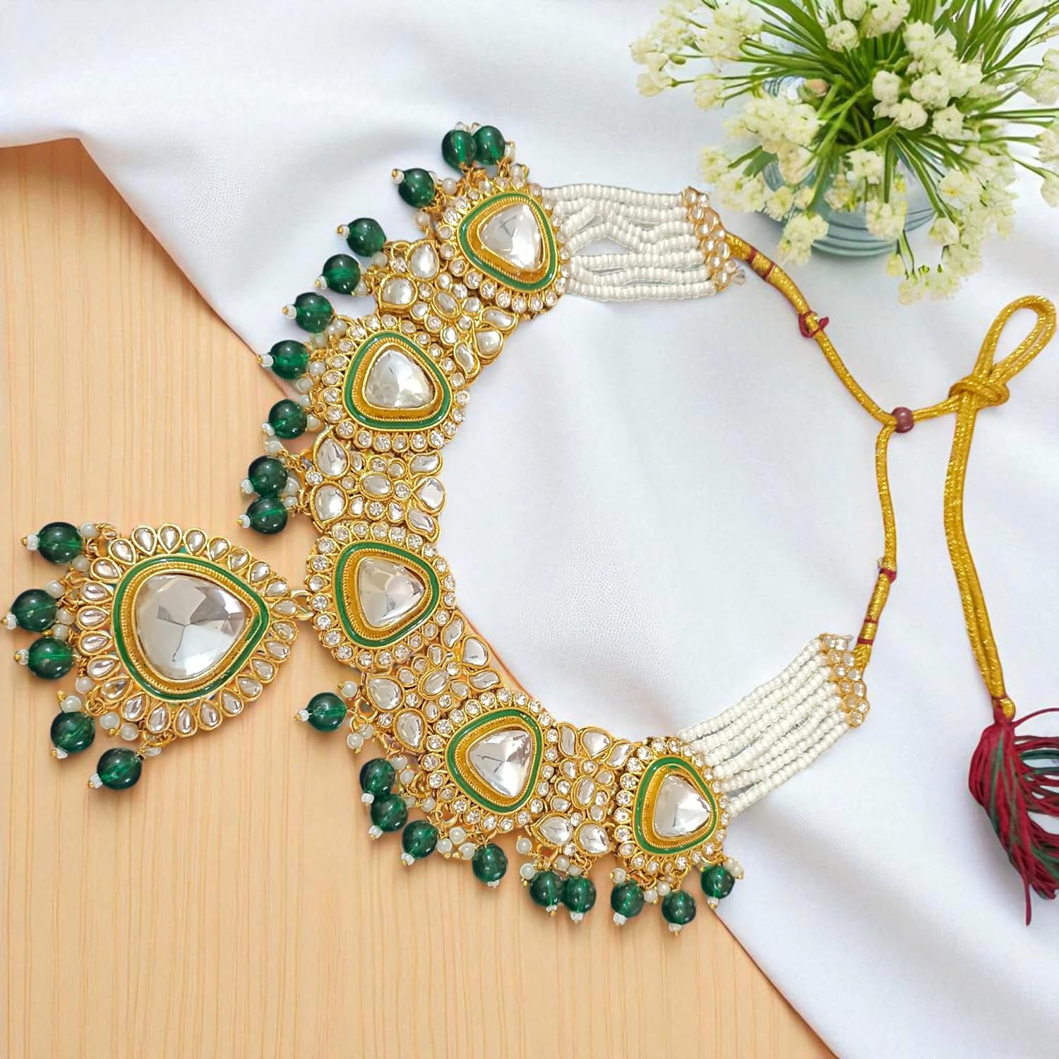 myFashion Kundan gold plated Necklace Set with Green beads, white Pearl Beaded Design