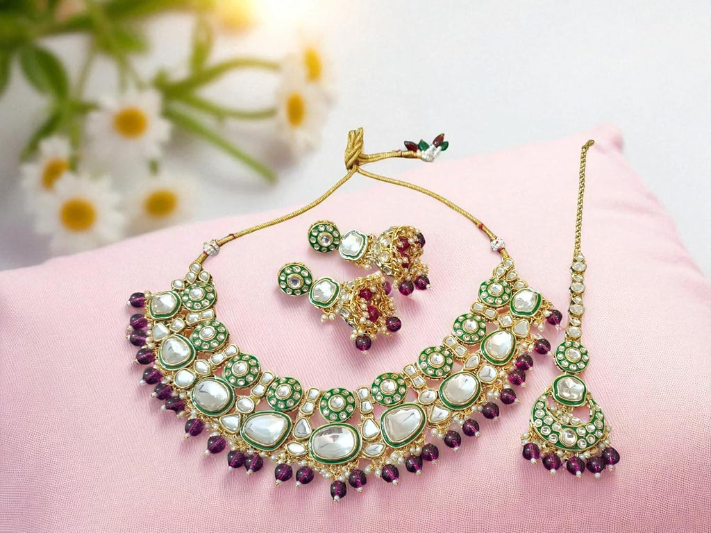 Bridal Kundan Choker Necklace Set with Jhumka Earrings & Maang Tikka – Traditional Indian Wedding Jewellery (Purple/White / Green / Mint & Pink)