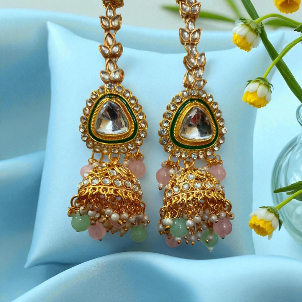 myFashion Kundan Choker Necklace Set with Pearl Strands & Pastel Pink Green Beads | Bridal Jewellery Set with Earrings & Maang Tikka