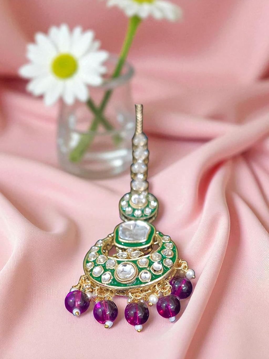 Bridal Kundan Choker Necklace Set with Jhumka Earrings & Maang Tikka – Traditional Indian Wedding Jewellery (Purple/White / Green / Mint & Pink)