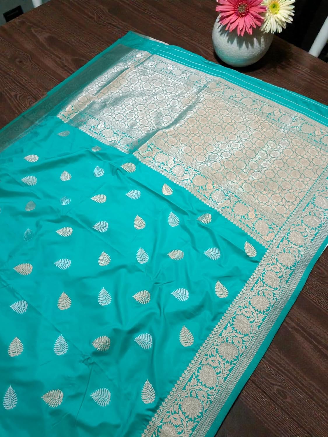 myFashion Banarasi Katan silk Saree sea green colour with Sona Roopa Zari Leaf Motif