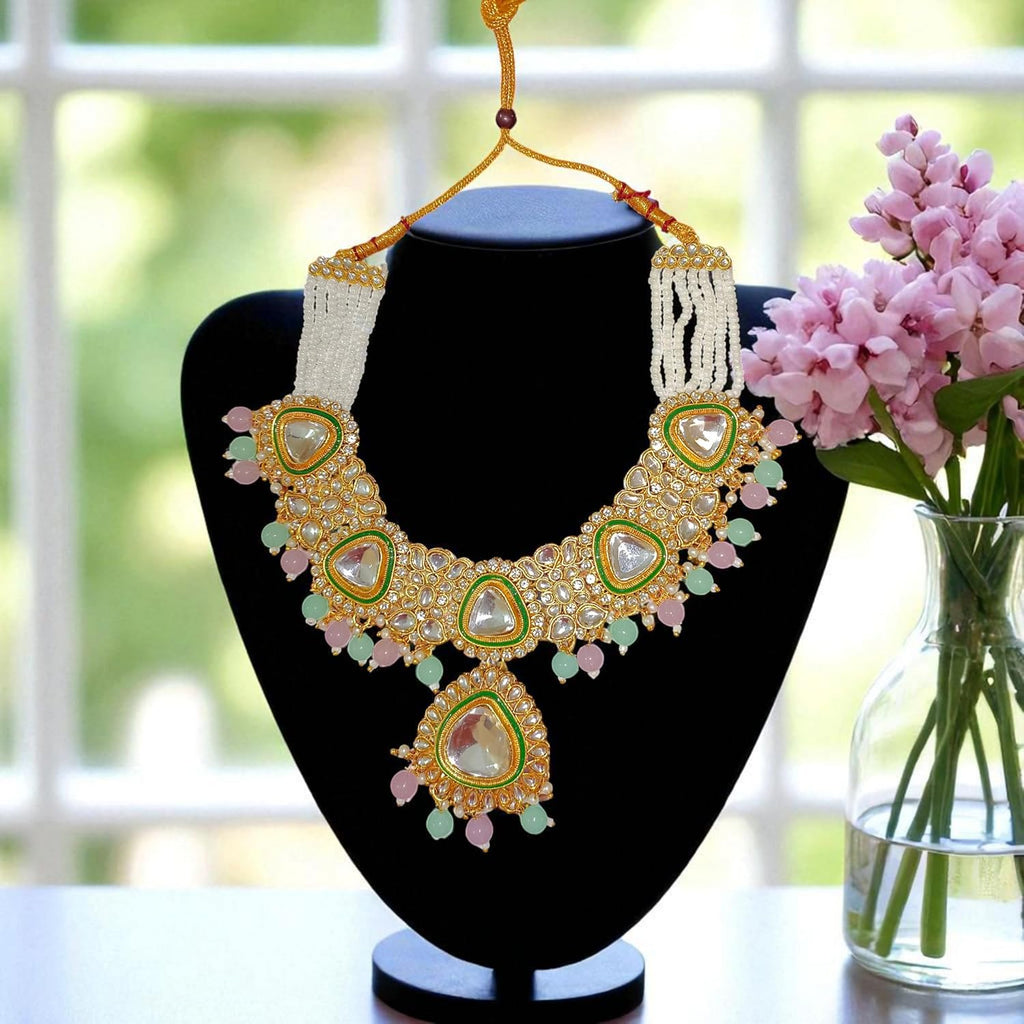 myFashion Kundan Choker Necklace Set with Pearl Strands & Pastel Pink Green Beads | Bridal Jewellery Set with Earrings & Maang Tikka