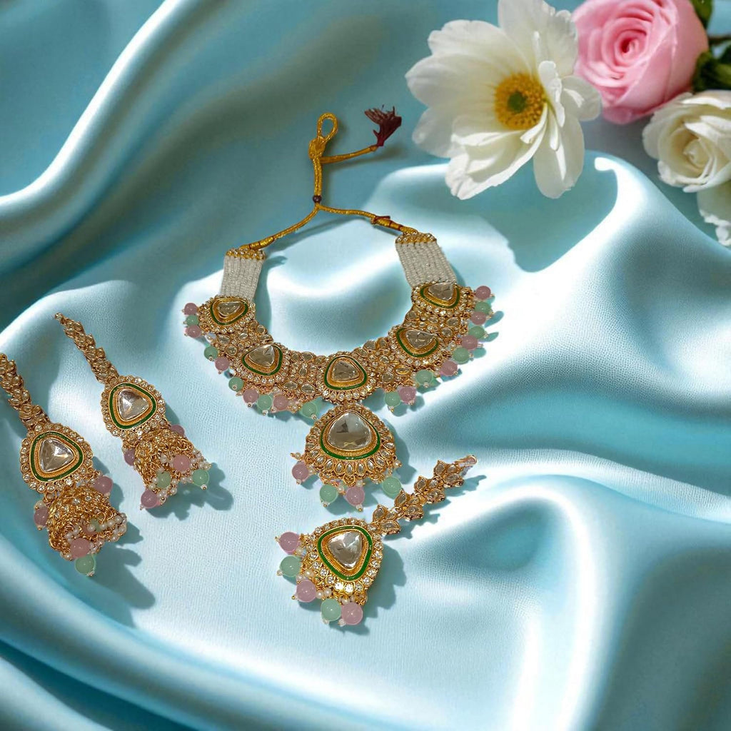 myFashion Kundan Choker Necklace Set with Pearl Strands & Pastel Pink Green Beads | Bridal Jewellery Set with Earrings & Maang Tikka