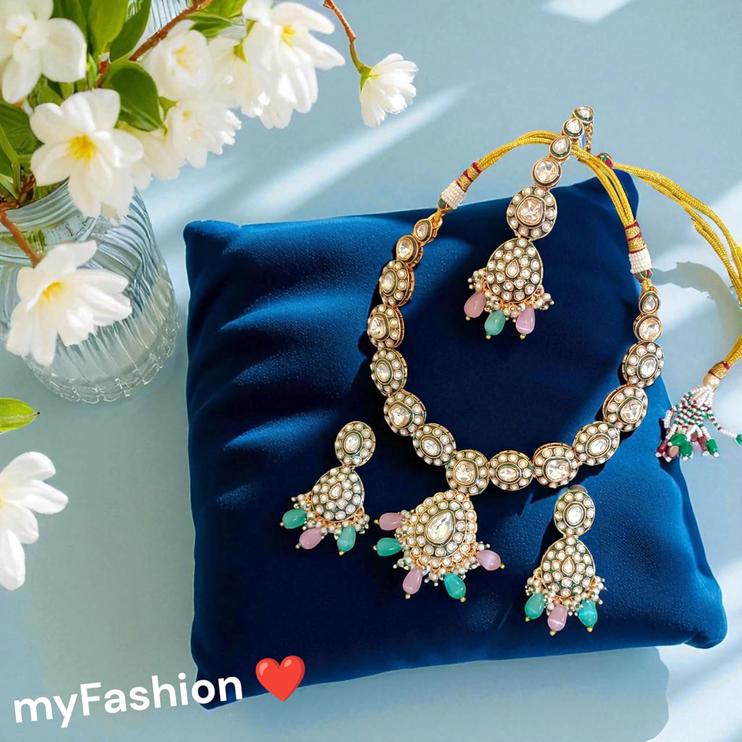myFashion Kundan Bridal Jewellery with Mint Green and Pink Beads