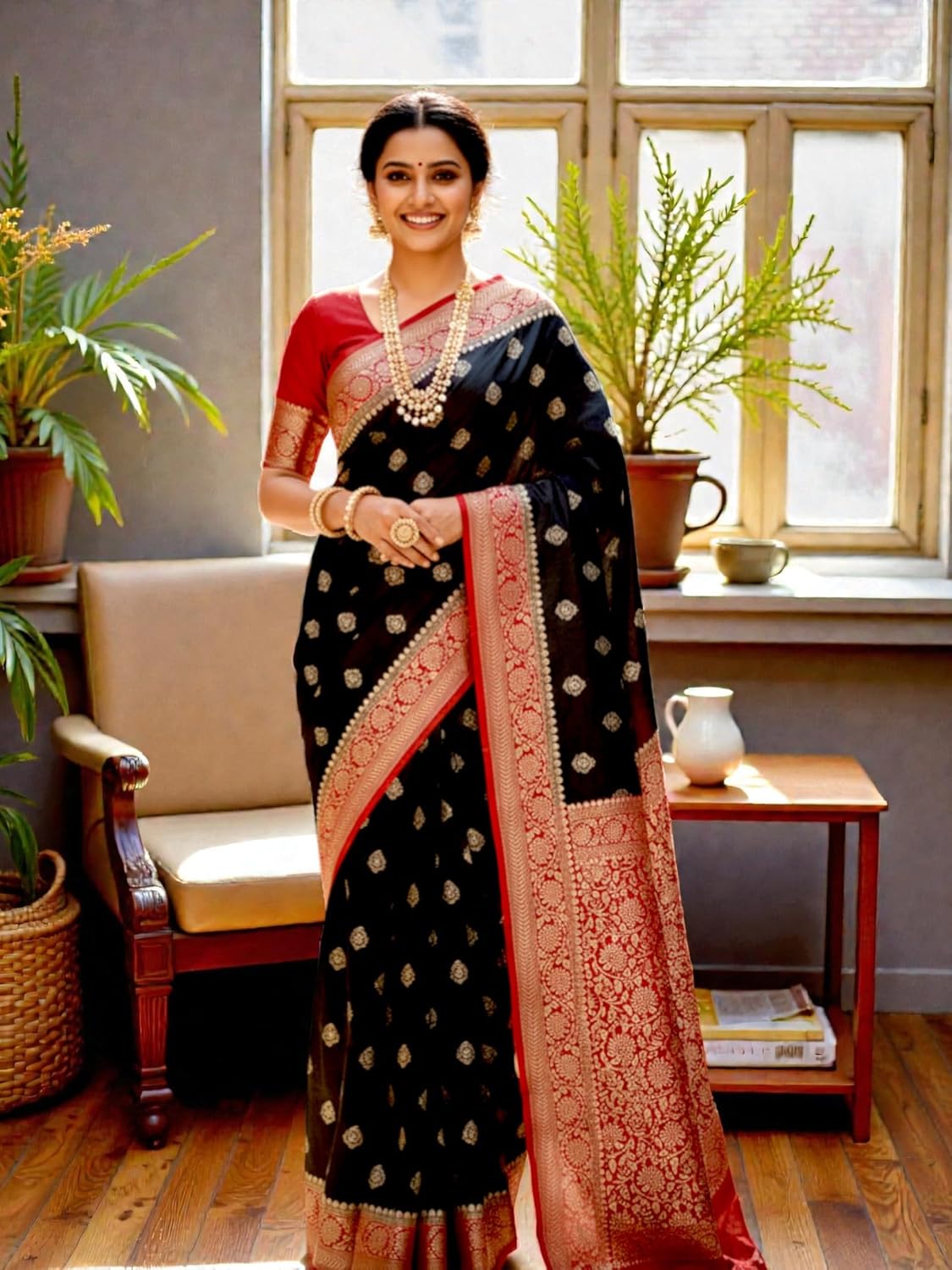 myFashion Banarasi Katan Silk Saree with Contrast Border and Pallu
