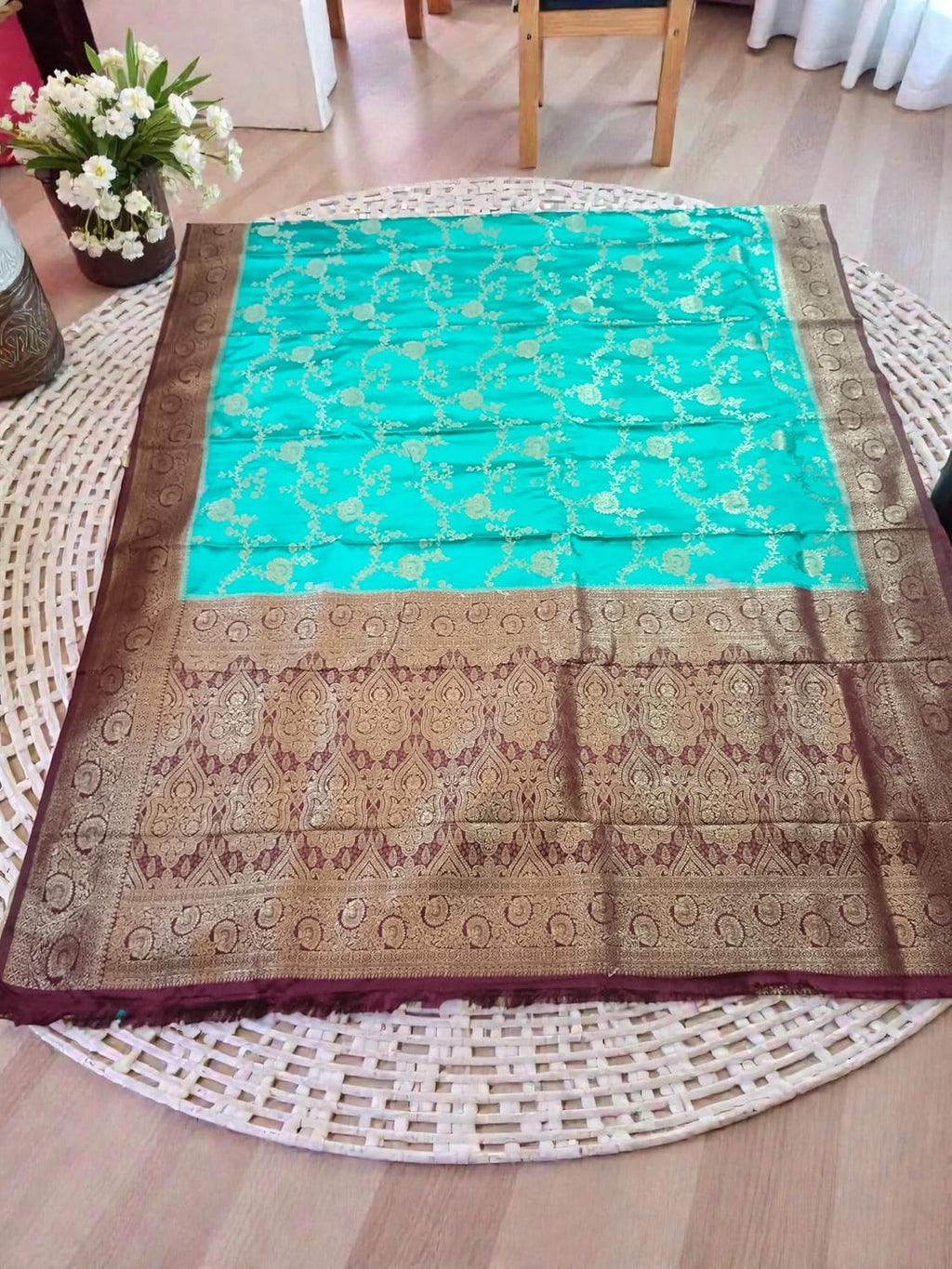 myFashion Banarasi Mashru Silk Saree with Contrast Border and Pallu, Turquoise with Brown, Brocade Blouse Piece