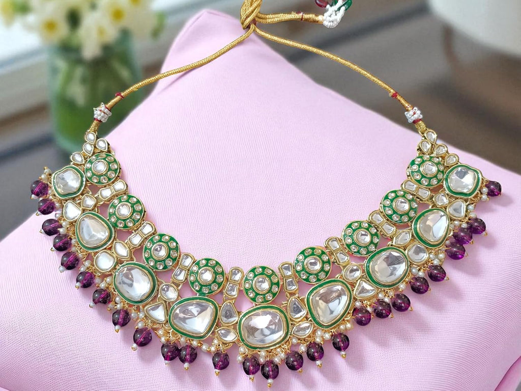Bridal Kundan Choker Necklace Set with Jhumka Earrings & Maang Tikka – Traditional Indian Wedding Jewellery (Purple/White / Green / Mint & Pink)