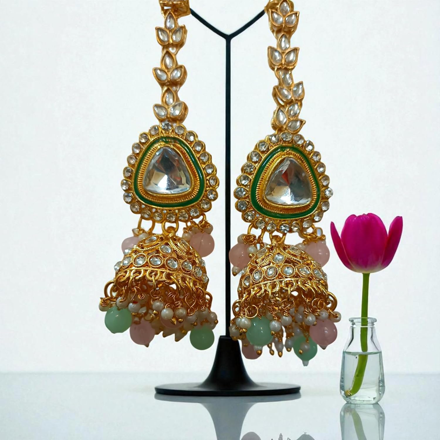 myFashion Kundan Choker Necklace Set with Pearl Strands & Pastel Pink Green Beads | Bridal Jewellery Set with Earrings & Maang Tikka
