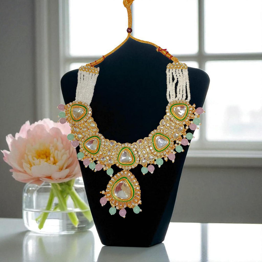 myFashion Kundan Choker Necklace Set with Pearl Strands & Pastel Pink Green Beads | Bridal Jewellery Set with Earrings & Maang Tikka