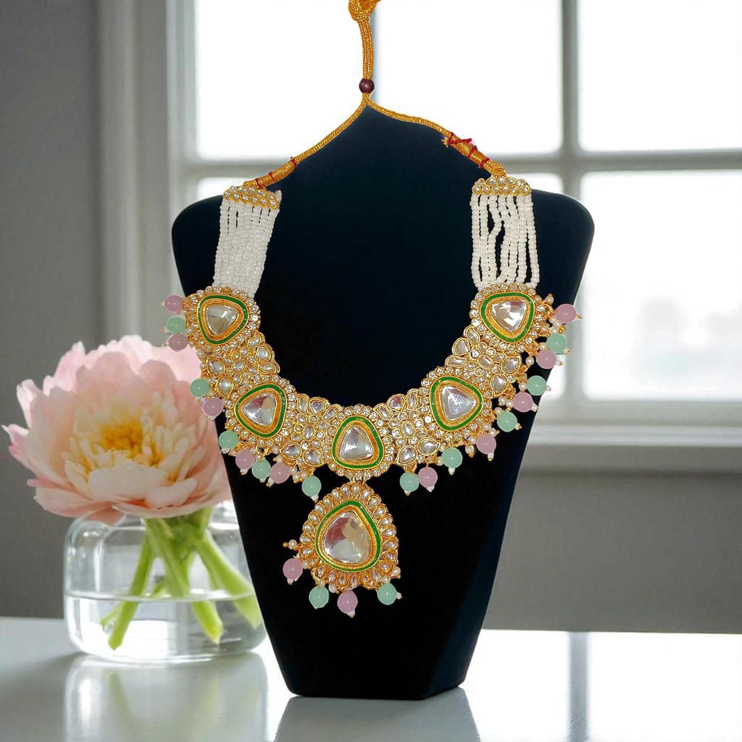 myFashion Kundan Choker Necklace Set with Pearl Strands & Pastel Pink Green Beads | Bridal Jewellery Set with Earrings & Maang Tikka