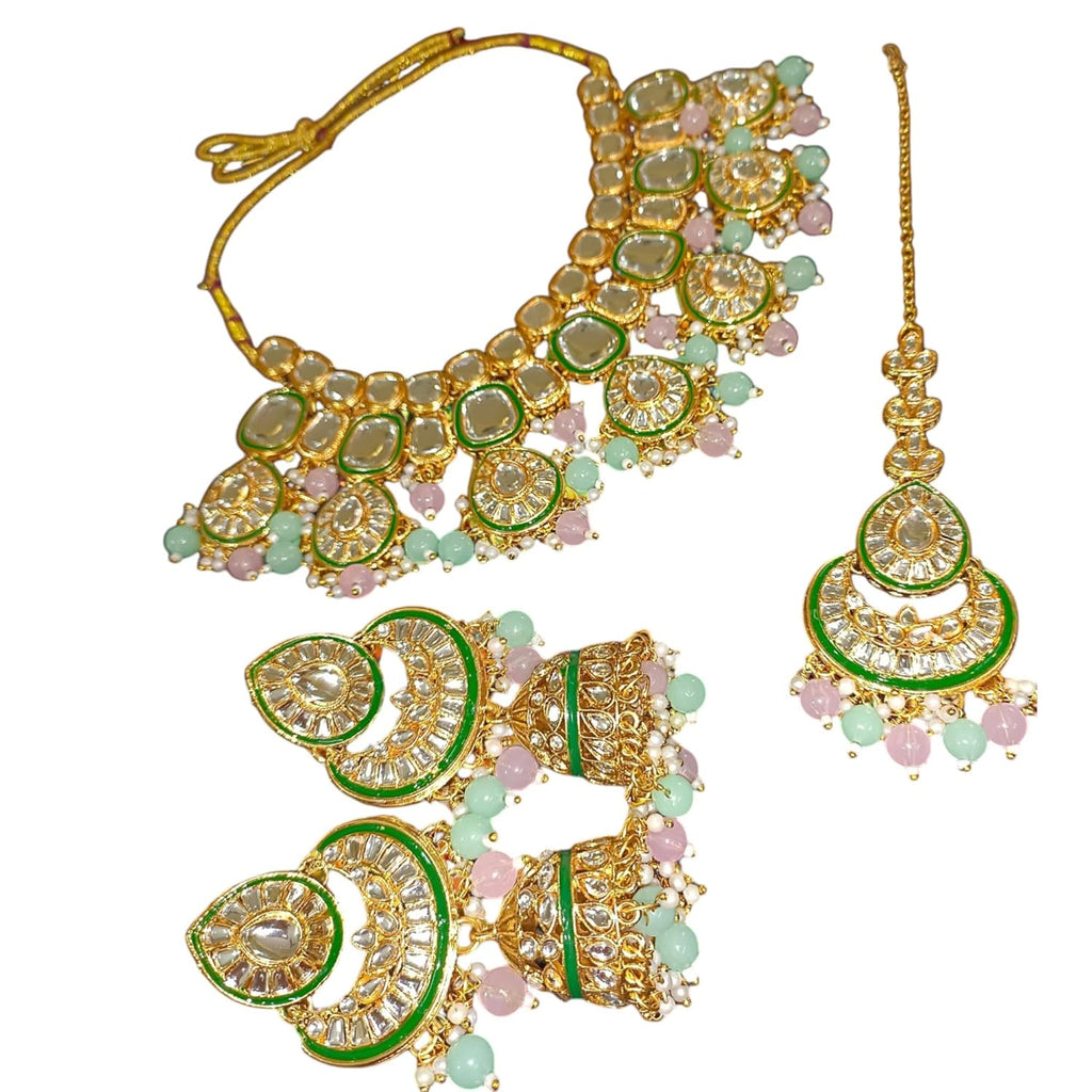 myFashion Statement Kundan Choker Necklace Set with Pearls & Pastel Pink Green Beads | Semi Bridal Jewellery Set with Earrings & Maang Tikka